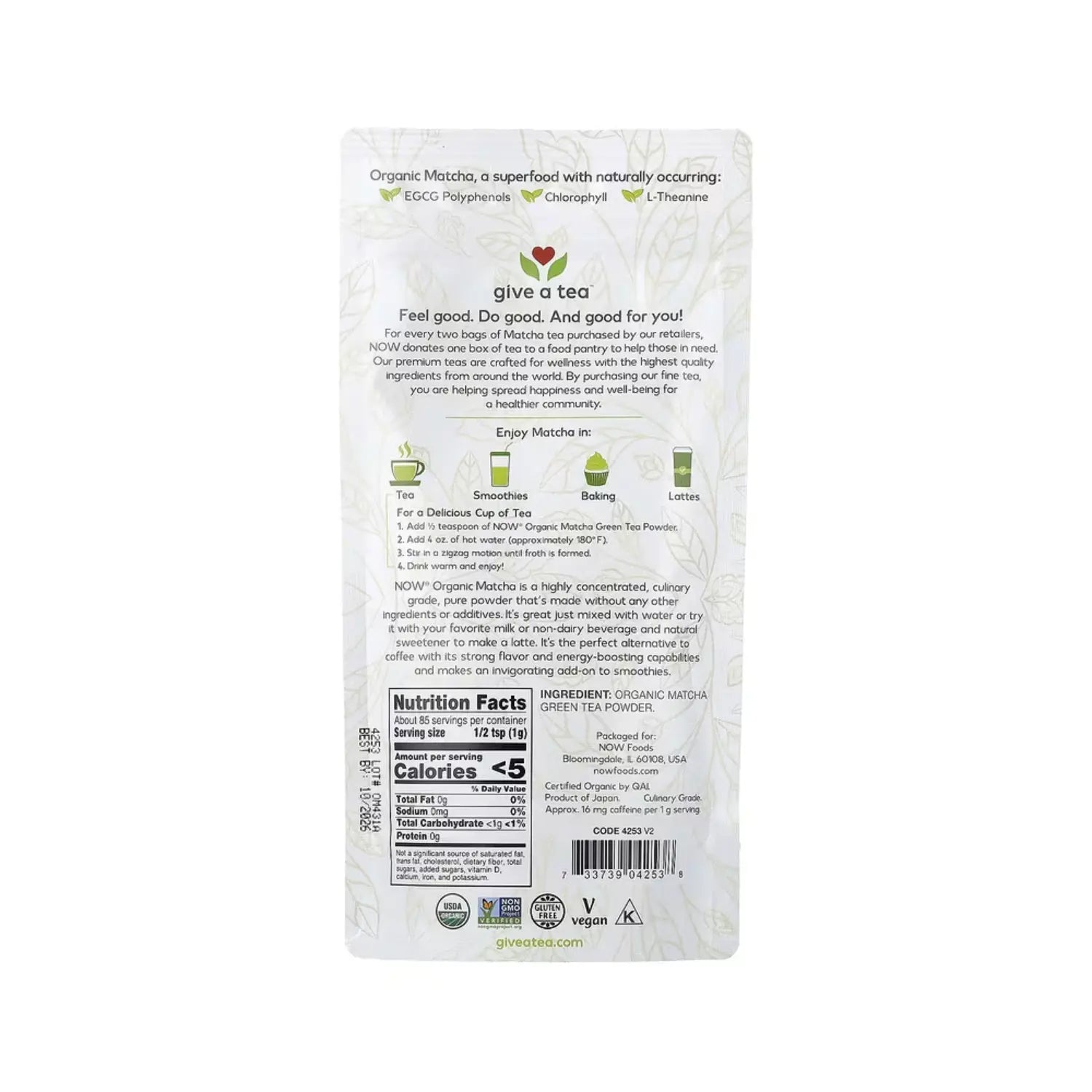 NOW FOODS REAL TEA TE VERDE MATCHA ORGÁNICO 85G SFN
