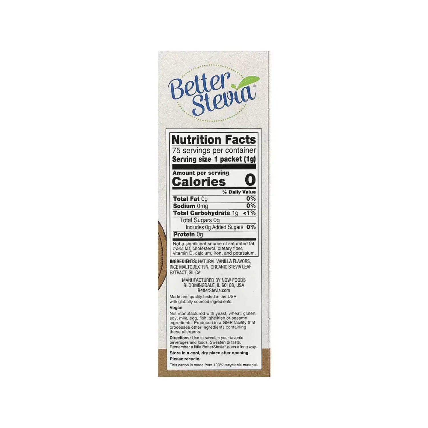 NOW Foods, BetterStevia, Endulzante sin calorías, Vainilla francesa, 75 sobres sfn