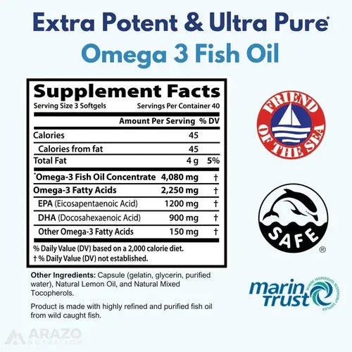 Arazo Nutrition Omega 3 Fish Oil | 120 Cápsulas Blandas | 2250 mg de Omega 3 | EPA y DHA | Salud Cardiovascular | Suplemento Alimenticio