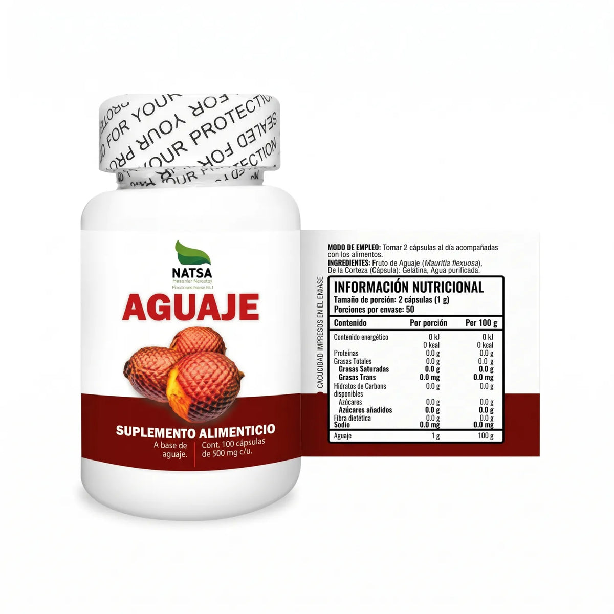 NATSA Aguaje 100 Cápsulas | Sabor Natural | 50 Porciones | 1 g de Aguaje por Porción | Suplemento Herbal de Origen Vegetal