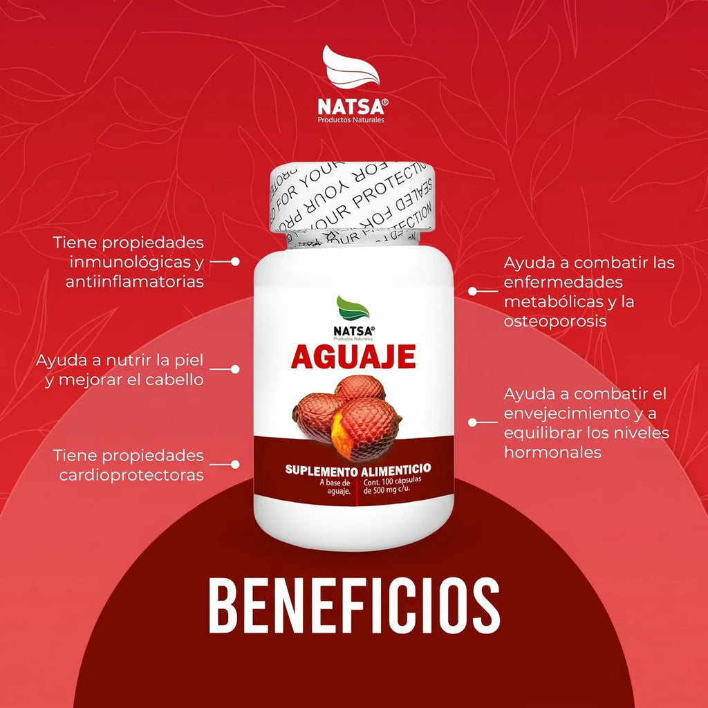 NATSA Aguaje 100 Cápsulas | Sabor Natural | 50 Porciones | 1 g de Aguaje por Porción | Suplemento Herbal de Origen Vegetal
