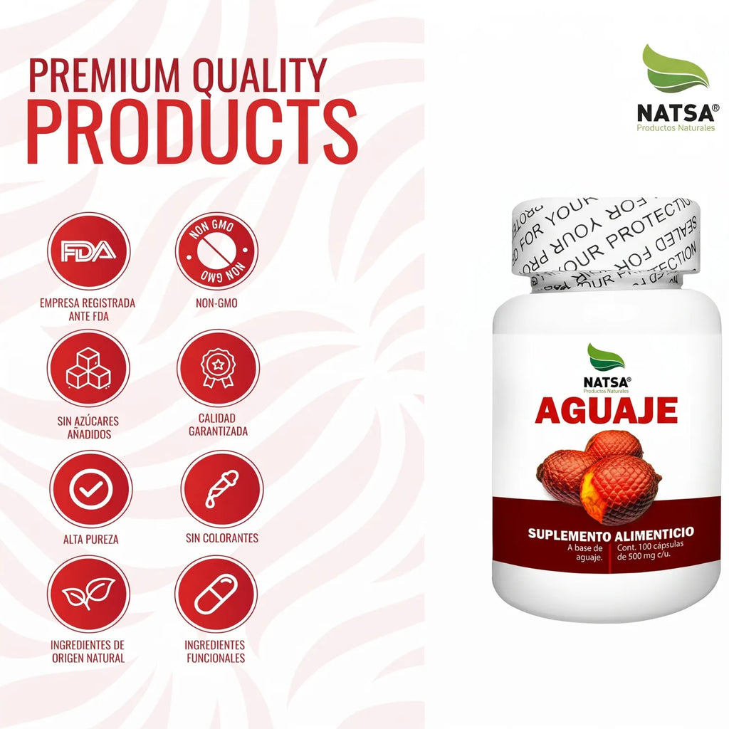 NATSA Aguaje 100 Cápsulas | Sabor Natural | 50 Porciones | 1 g de Aguaje por Porción | Suplemento Herbal de Origen Vegetal