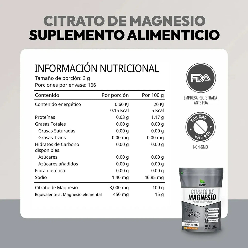 NATSA Citrato de Magnesio 500 g | Grado Alimenticio