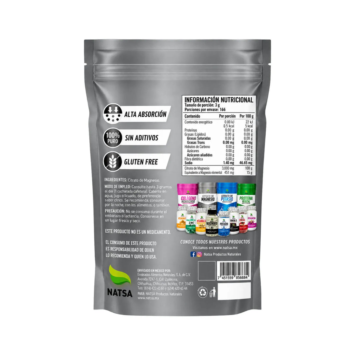 NATSA Citrato de Magnesio 500 g | Grado Alimenticio