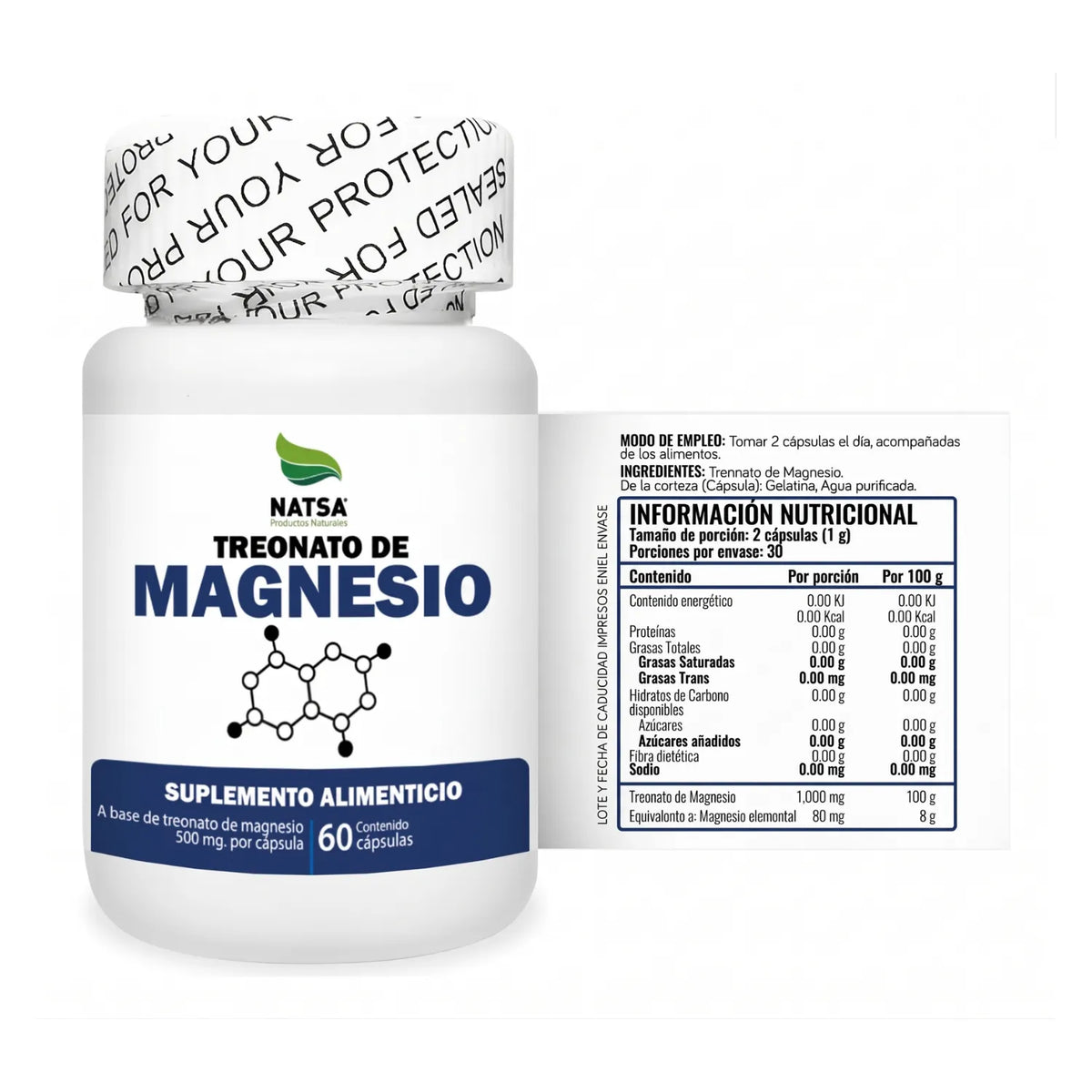 NATSA Treonato de Magnesio 1000 mg 60 Cápsulas | Sabor Natural | 30 Porciones | 80 mg de Magnesio Elemental por Porción | Apoyo al sistema nervioso y función muscular | Suplemento alimenticio