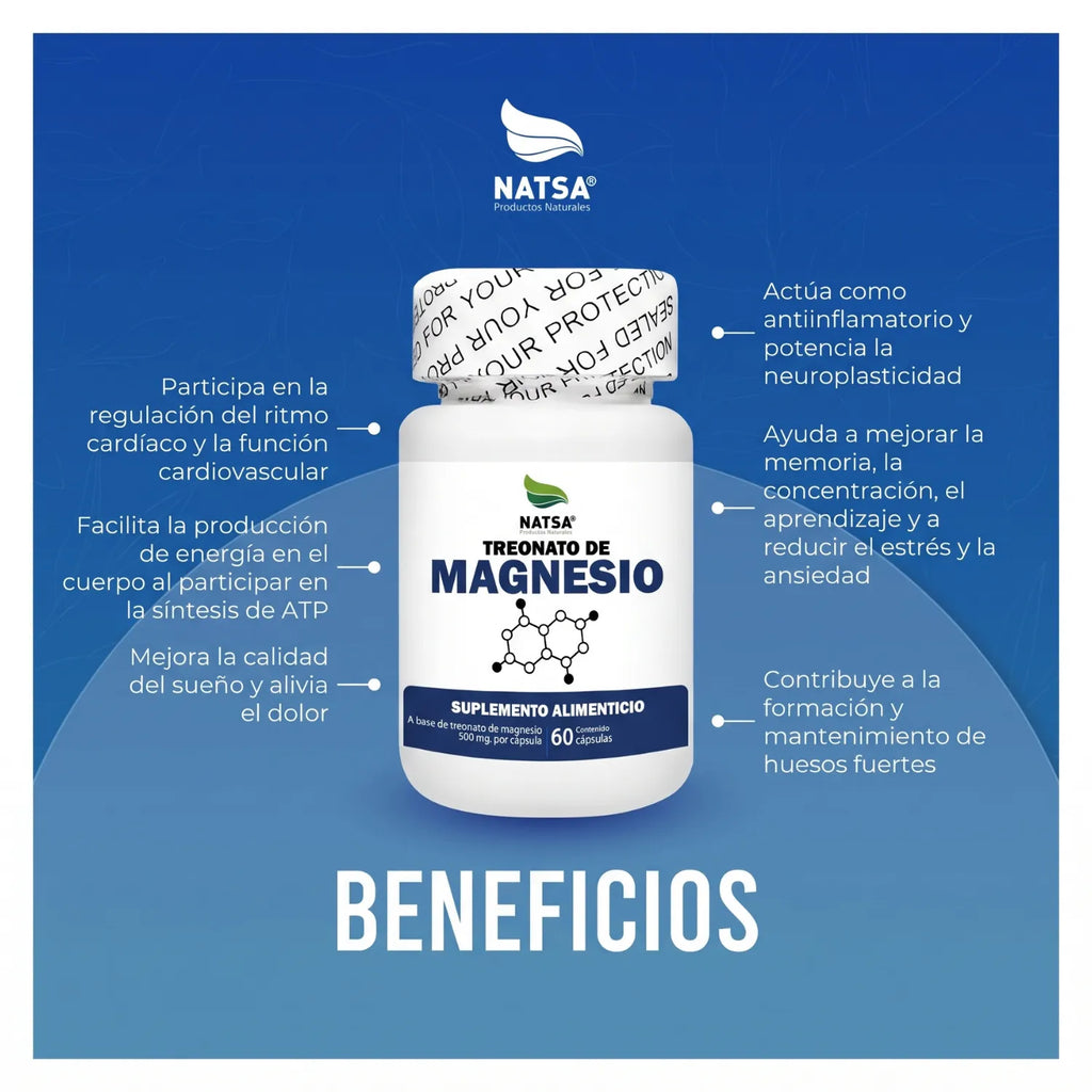 NATSA Treonato de Magnesio 1000 mg 60 Cápsulas | Sabor Natural | 30 Porciones | 80 mg de Magnesio Elemental por Porción | Apoyo al sistema nervioso y función muscular | Suplemento alimenticio