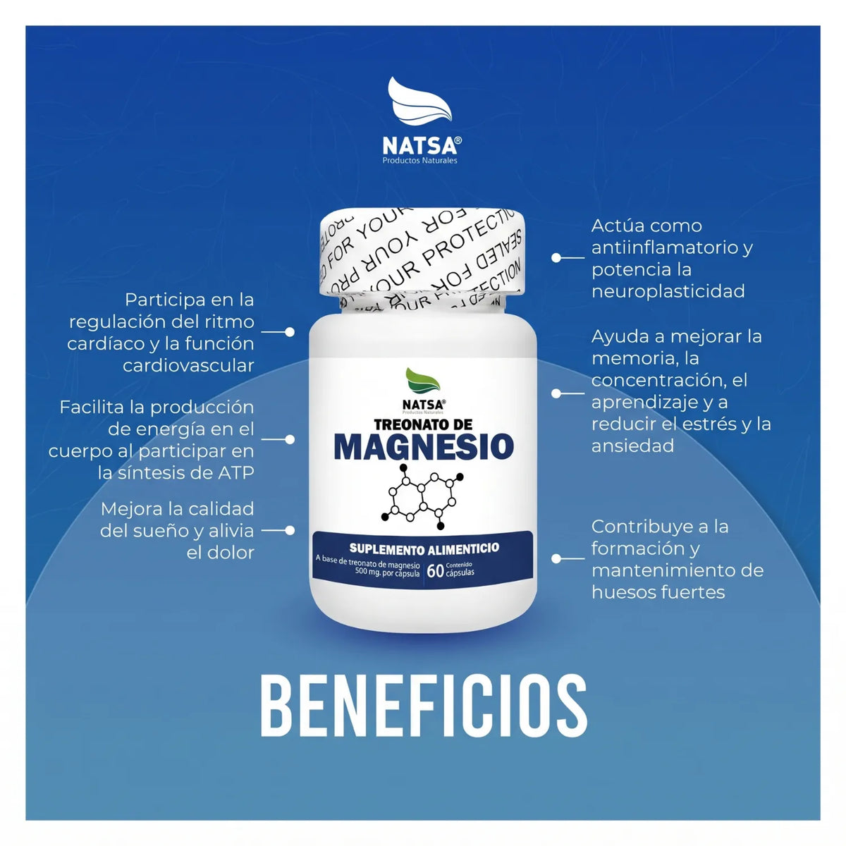 NATSA Treonato de Magnesio 1000 mg 60 Cápsulas | Sabor Natural | 30 Porciones | 80 mg de Magnesio Elemental por Porción | Apoyo al sistema nervioso y función muscular | Suplemento alimenticio