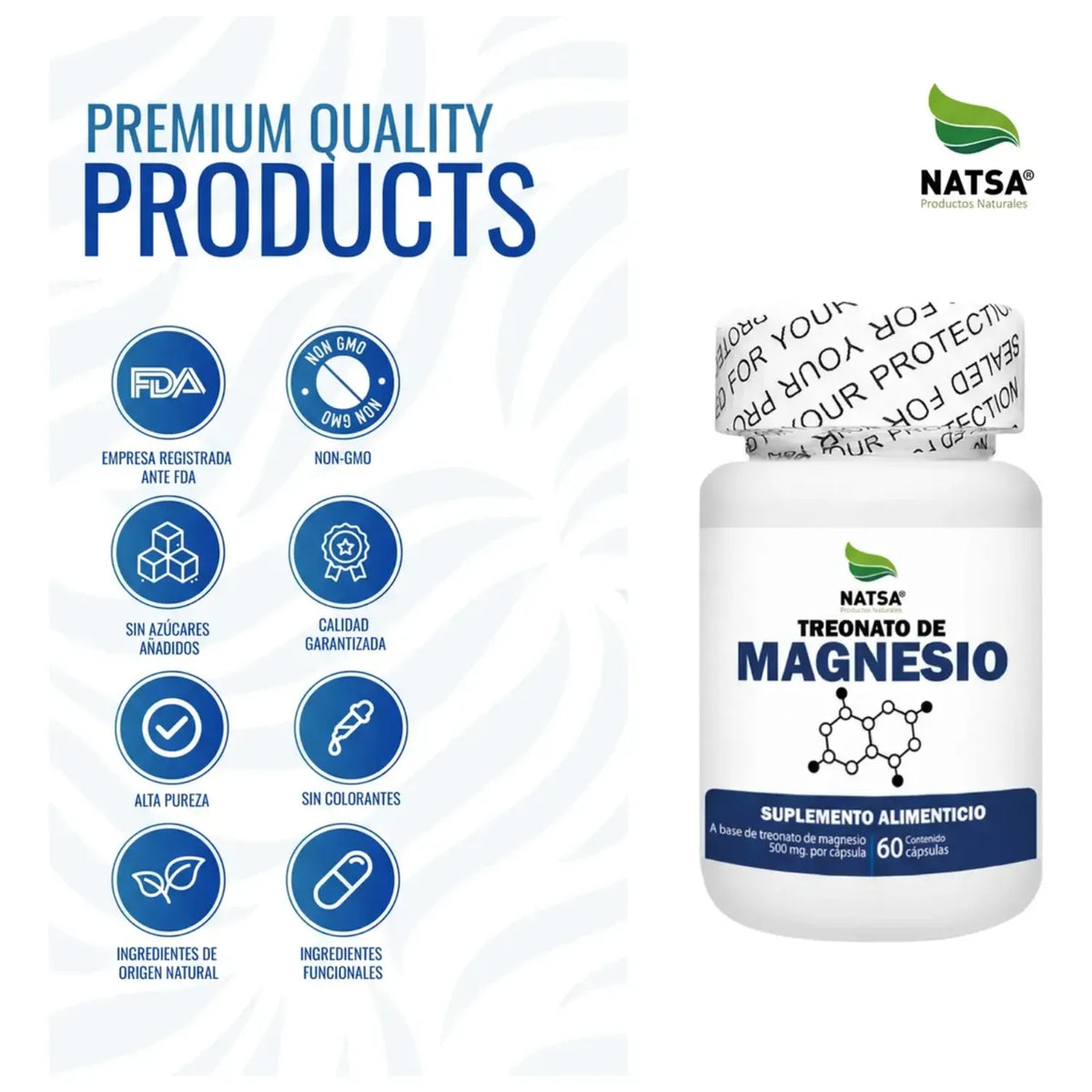 NATSA Treonato de Magnesio 1000 mg 60 Cápsulas | Sabor Natural | 30 Porciones | 80 mg de Magnesio Elemental por Porción | Apoyo al sistema nervioso y función muscular | Suplemento alimenticio
