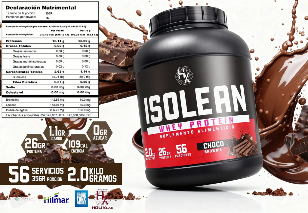 Holix Lab ISOLEAN Whey Protein, 26 g Proteína por Porción, 2 kg, 56 Porciones Sabor Choco Brownie.