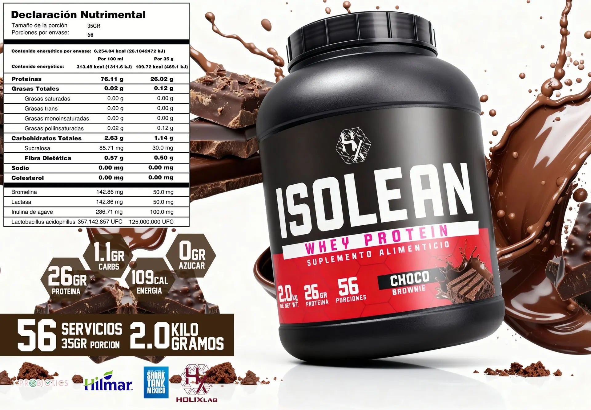 Holix Lab ISOLEAN Whey Protein, 26 g Proteína por Porción, 2 kg, 56 Porciones Sabor Choco Brownie.