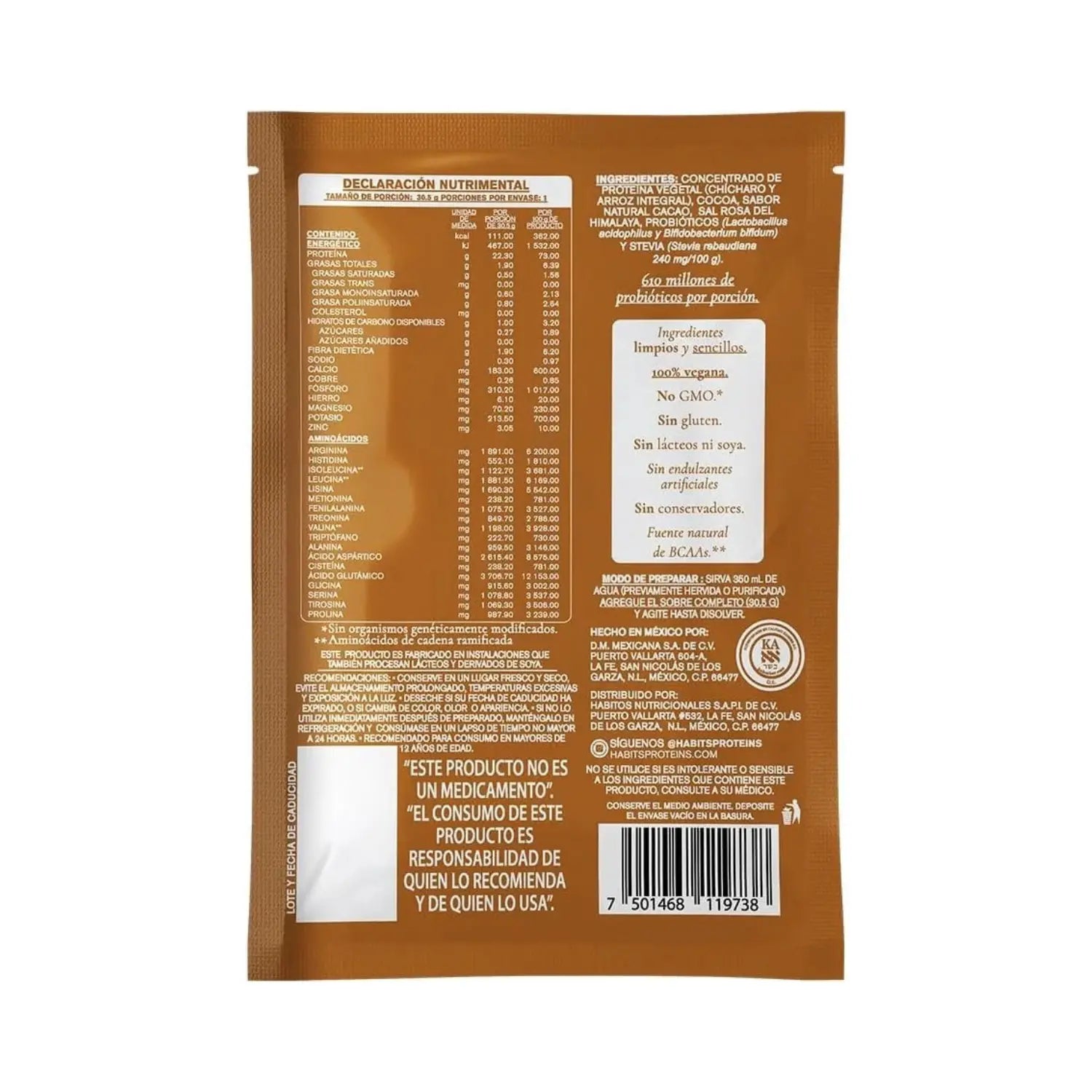 Habits Proteína Vegana Probioticos 16 Sachets De 30.5gr CACAO