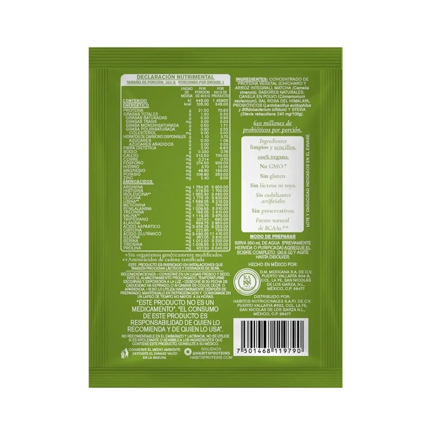 Habits Proteína Vegana Probioticos 16 Sachets De 30.5gr Sfn MATCHA VAINILLA