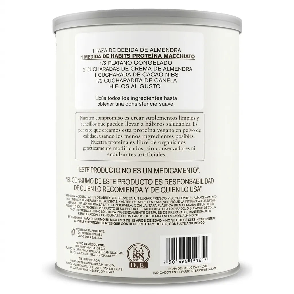 Habits Proteína Vegetal Macchiato 488 g | Proteína vegana con probióticos | 23.5 g de proteína por porción | Fuente natural de BCAAs | Sin azúcar añadida y sin gluten | Suplemento alimenticio