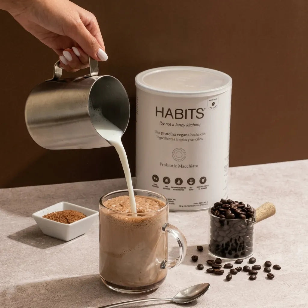 Habits Proteína Vegetal Macchiato 488 g | Proteína vegana con probióticos | 23.5 g de proteína por porción | Fuente natural de BCAAs | Sin azúcar añadida y sin gluten | Suplemento alimenticio
