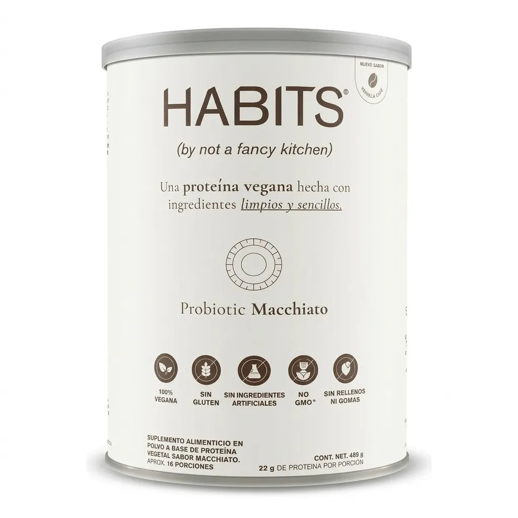 Habits Proteína Vegetal Macchiato 488 g | Proteína vegana con probióticos | 23.5 g de proteína por porción | Fuente natural de BCAAs | Sin azúcar añadida y sin gluten | Suplemento alimenticio