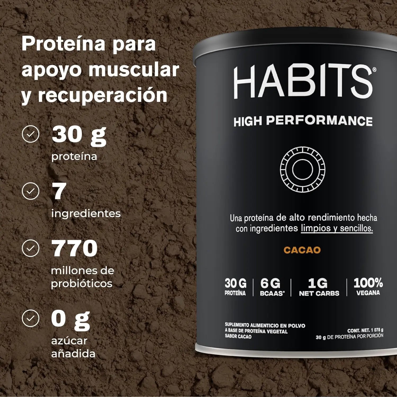 Habits Proteína Vegana By Checo Perez 1078g 27 serv Sfn cacao
