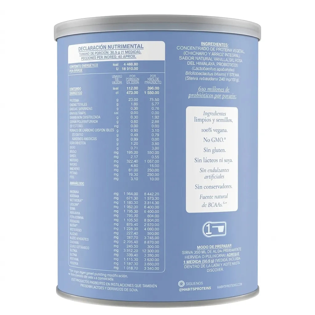 Habits Proteína Vegana Probiotic Vainilla 1220 g | Proteína vegetal con probióticos | 23.5 g de proteína por porción | Fuente natural de BCAAs | Sin azúcar añadida y sin gluten | Suplemento alimenticio