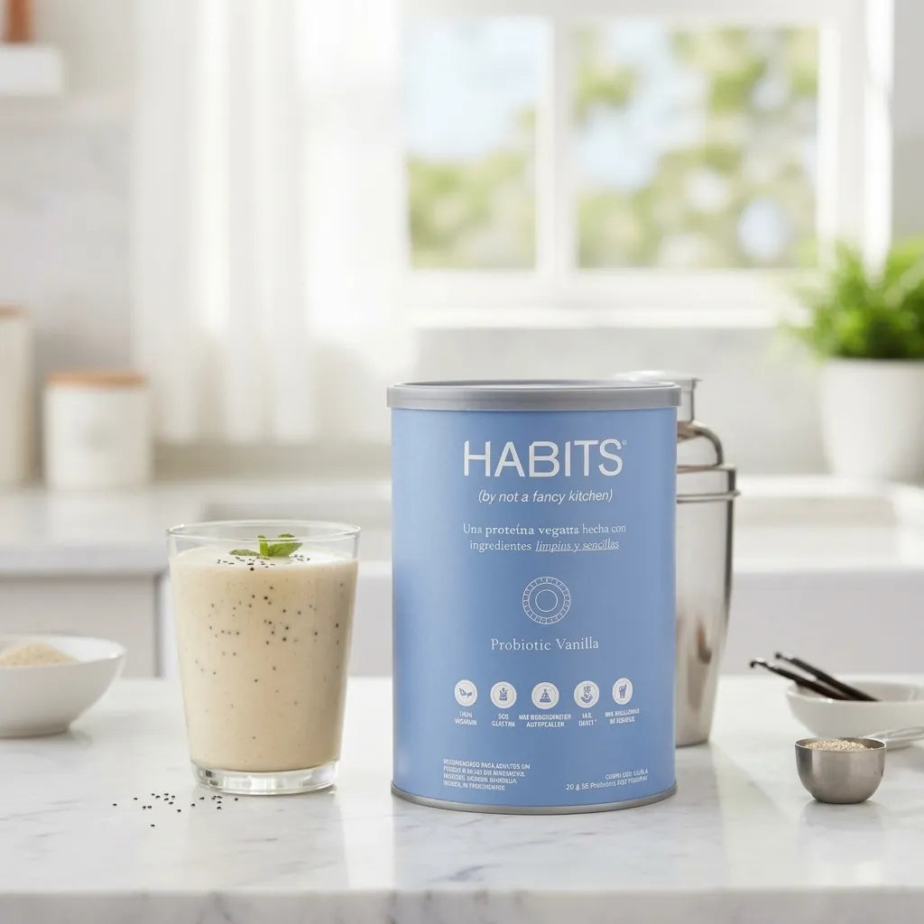Habits Proteína Vegana Probiotic Vainilla 1220 g | Proteína vegetal con probióticos | 23.5 g de proteína por porción | Fuente natural de BCAAs | Sin azúcar añadida y sin gluten | Suplemento alimenticio
