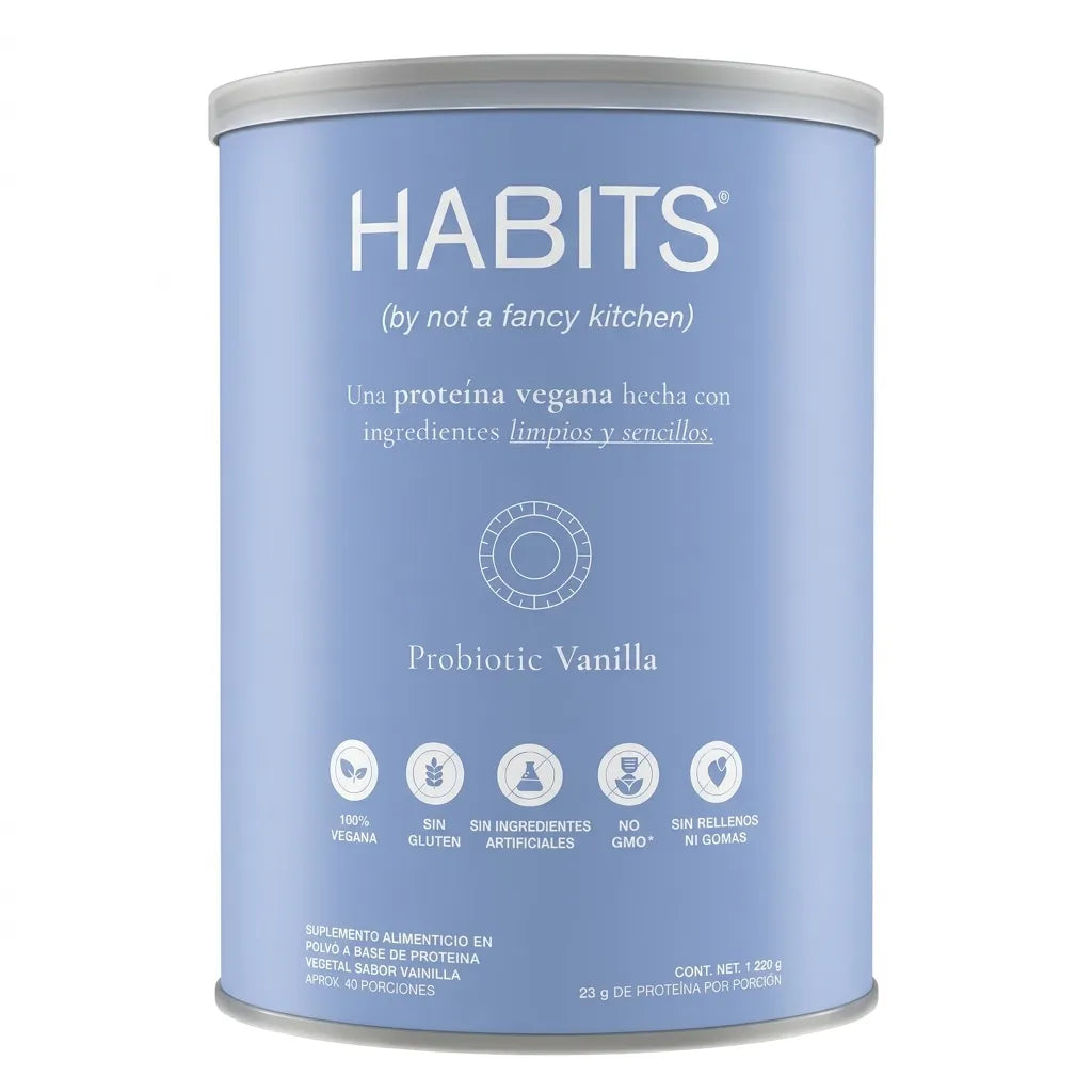 Habits Proteína Vegana Probiotic Vainilla 1220 g | Proteína vegetal con probióticos | 23.5 g de proteína por porción | Fuente natural de BCAAs | Sin azúcar añadida y sin gluten | Suplemento alimenticio