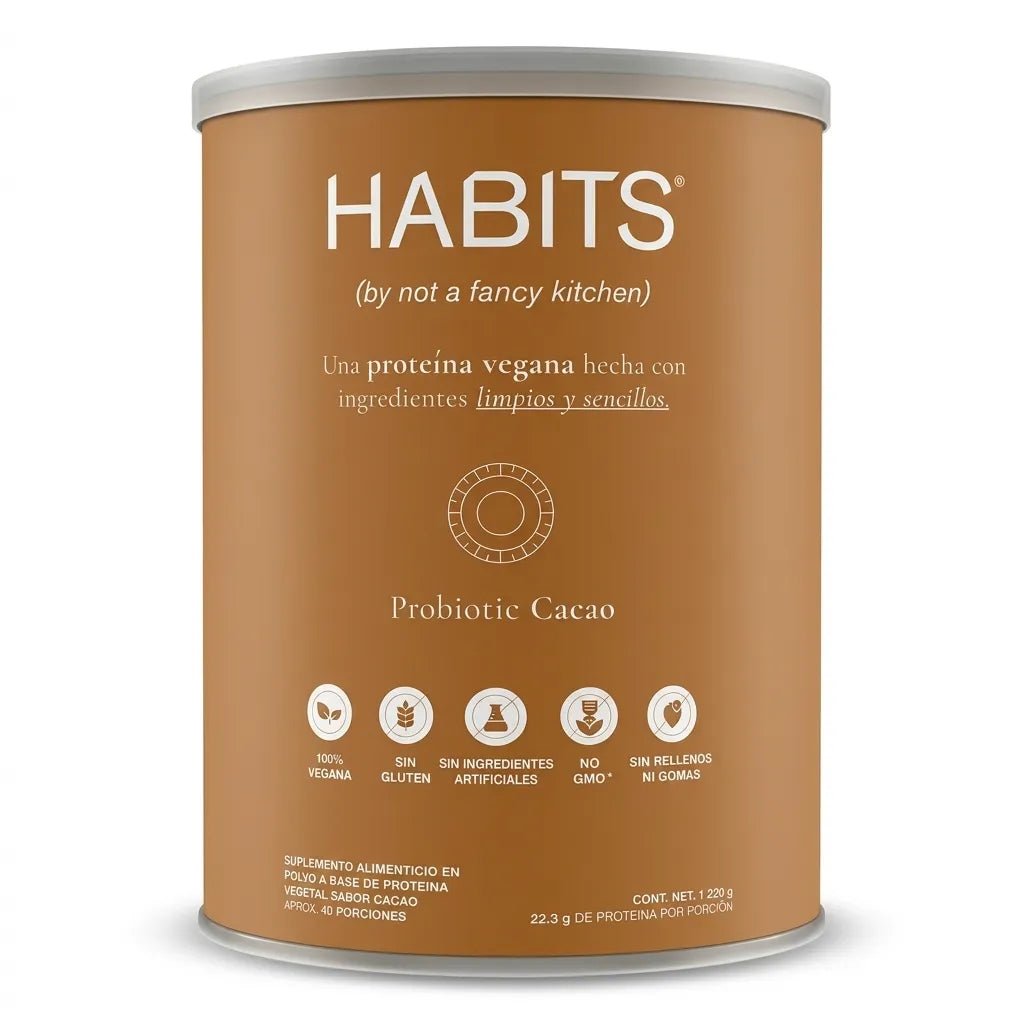 Habits Proteína Vegetal Probiotic Cacao 1220 g | Proteína vegana con probióticos | 22.3 g de proteína por porción | Fuente natural de BCAAs | Sin azúcar añadida y sin gluten | Suplemento alimenticio
