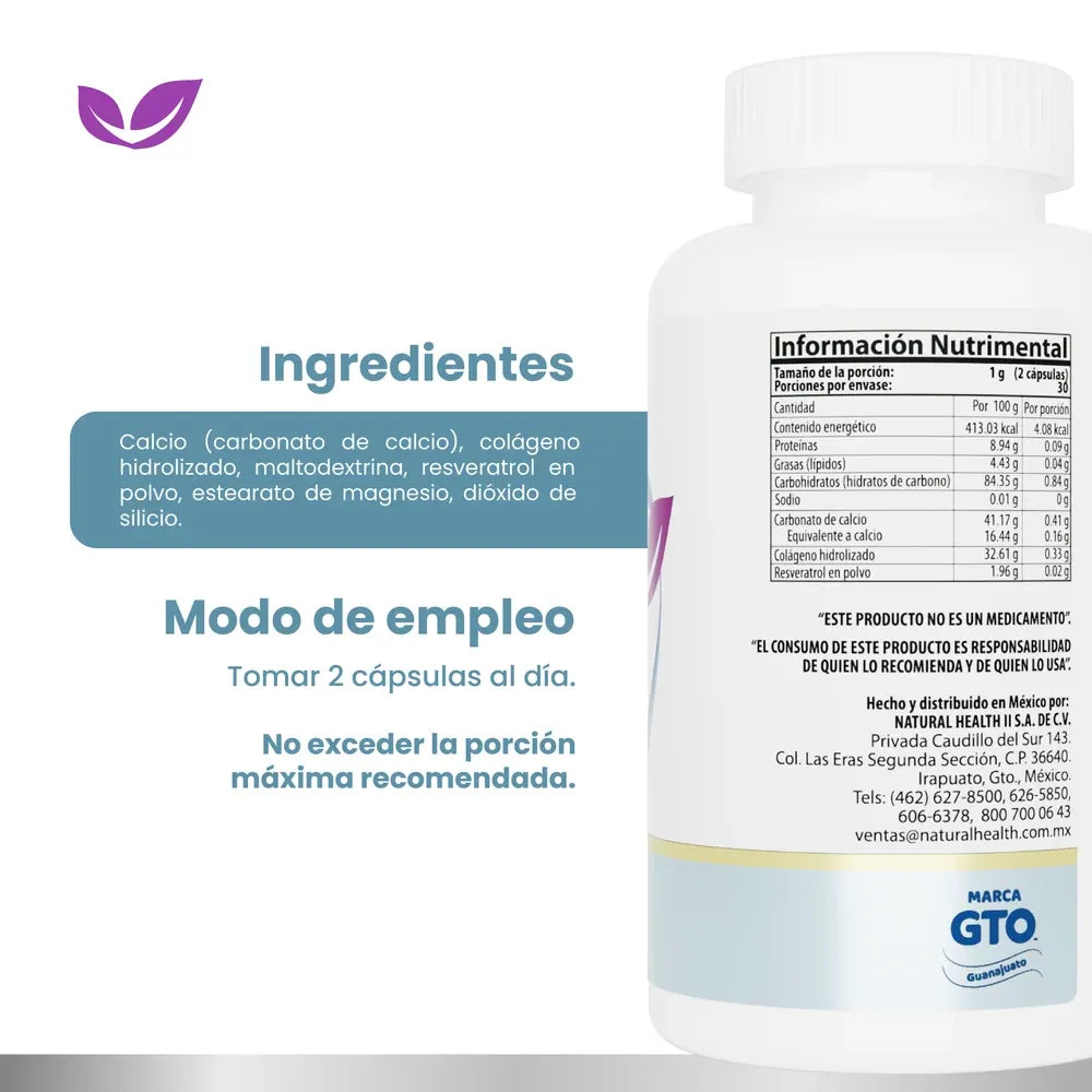 NATURAL HEALTH | Colágeno Hidrolizado con Resveratrol y Calcio | 60 Cápsulas de 500 mg | Apoyo para Piel, Articulaciones y Huesos