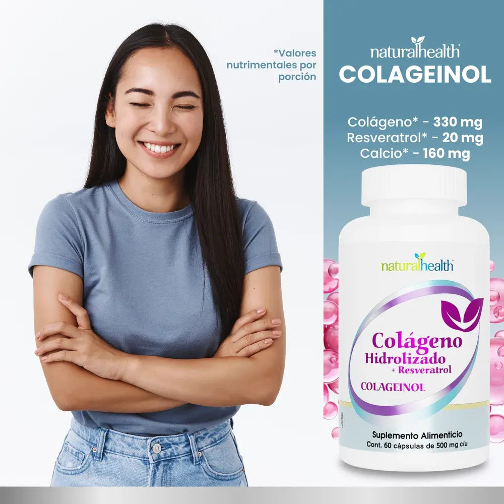 NATURAL HEALTH | Colágeno Hidrolizado con Resveratrol y Calcio | 60 Cápsulas de 500 mg | Apoyo para Piel, Articulaciones y Huesos