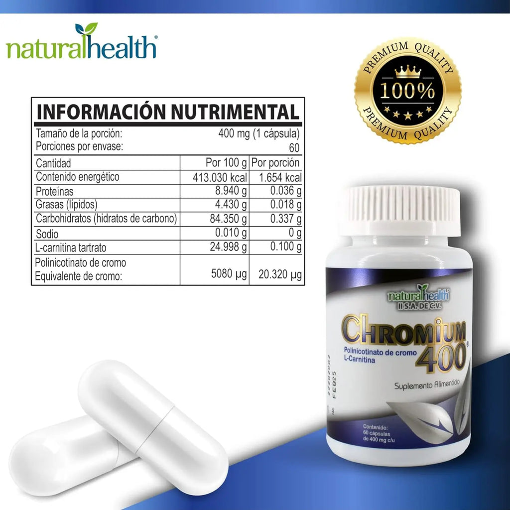 NATURAL HEALTH CHROMIUN 400 FRASCO 60 CAPSULAS DE 400 MG C/U