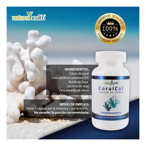 NATURAL HEALTH | Coral Cal Calcio de Coral con Vitamina D3 | 60 Cápsulas de 921 mg | Apoyo para Huesos y Dientes