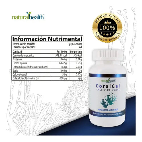 NATURAL HEALTH | Coral Cal Calcio de Coral con Vitamina D3 | 60 Cápsulas de 921 mg | Apoyo para Huesos y Dientes