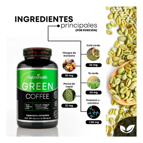 NATURAL HEALTH | Green Coffee Café Verde con Vinagre de Manzana y Té Verde | 120 Cápsulas de 500 mg | Apoyo Metabólico y Bienestar General