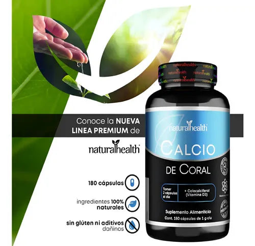NATURAL HEALTH | CoralCal Calcio de Coral + Vitamina D3 | 180 Cápsulas | Apoyo para Huesos, Dientes y Función Muscular