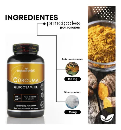 NATURAL HEALTH | Cúrcuma + Glucosamina | 270 Cápsulas de 500 mg | Apoyo Articular y Bienestar Muscular