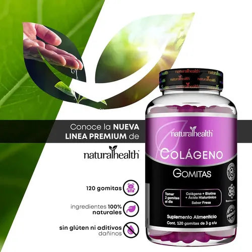 Natural Health Colágeno Hidrolizado | 120 Gomitas | Ácido Hialurónico + Biotina | Sabor Fresa | Cuidado de Piel, Cabello y Uñas | Suplemento Alimenticio