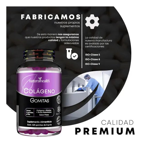 Natural Health Colágeno Hidrolizado | 120 Gomitas | Ácido Hialurónico + Biotina | Sabor Fresa | Cuidado de Piel, Cabello y Uñas | Suplemento Alimenticio