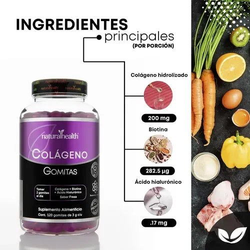 Natural Health Colágeno Hidrolizado | 120 Gomitas | Ácido Hialurónico + Biotina | Sabor Fresa | Cuidado de Piel, Cabello y Uñas | Suplemento Alimenticio