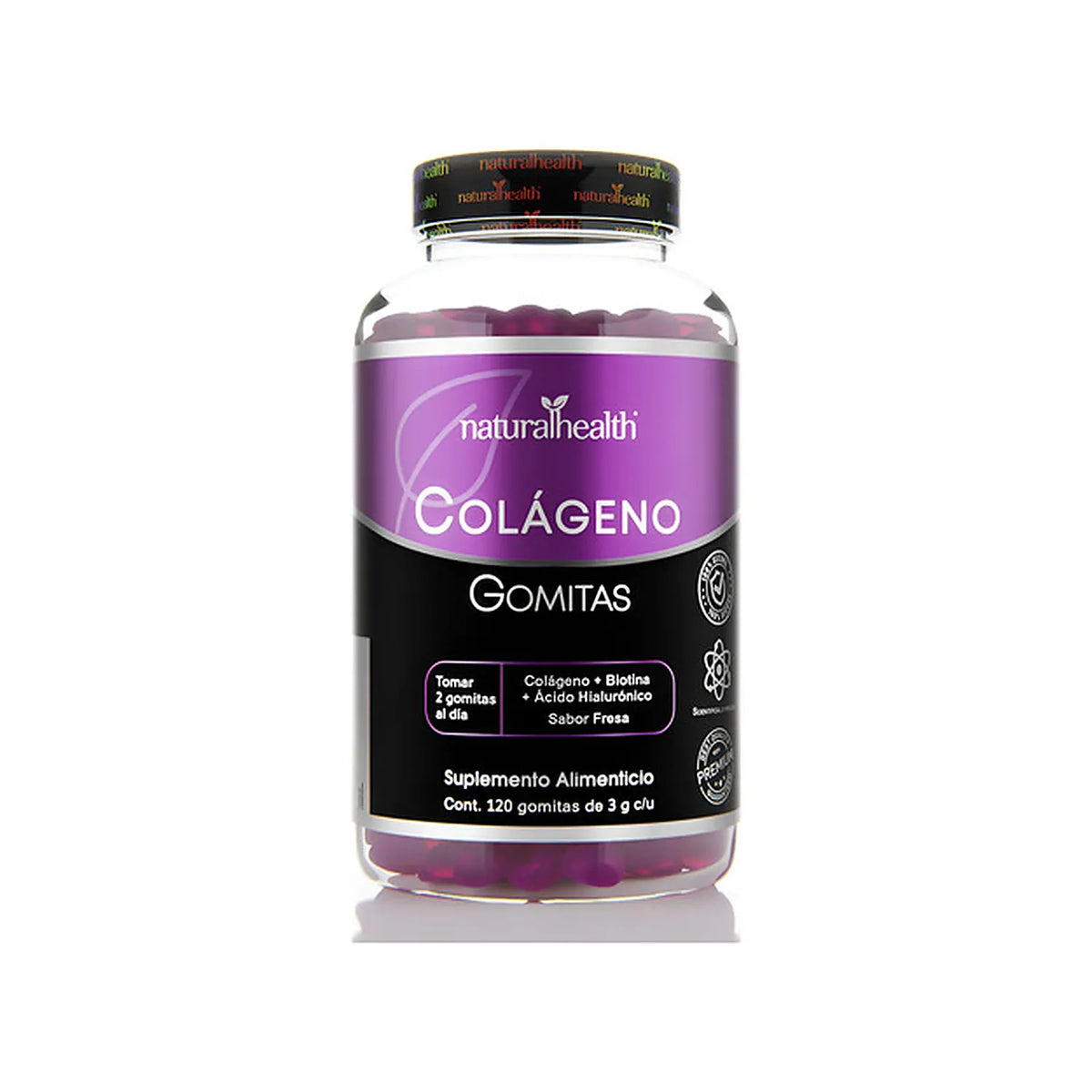 Natural Health Colágeno Hidrolizado | 120 Gomitas | Ácido Hialurónico + Biotina | Sabor Fresa | Cuidado de Piel, Cabello y Uñas | Suplemento Alimenticio