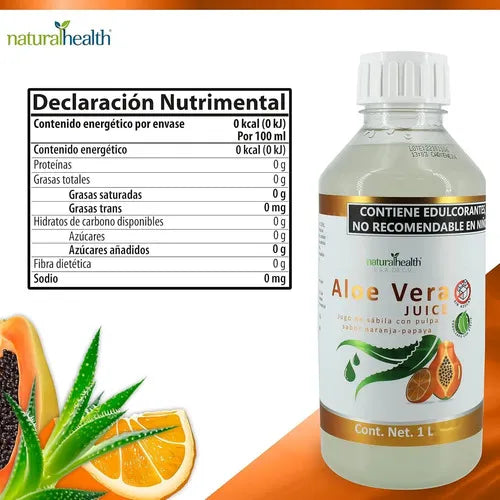 NATURAL HEALTH | Jugo de Aloe Vera con Stevia Sabor Naranja-Papaya | 1 Litro | Apoyo Digestivo y Bienestar Intestinal
