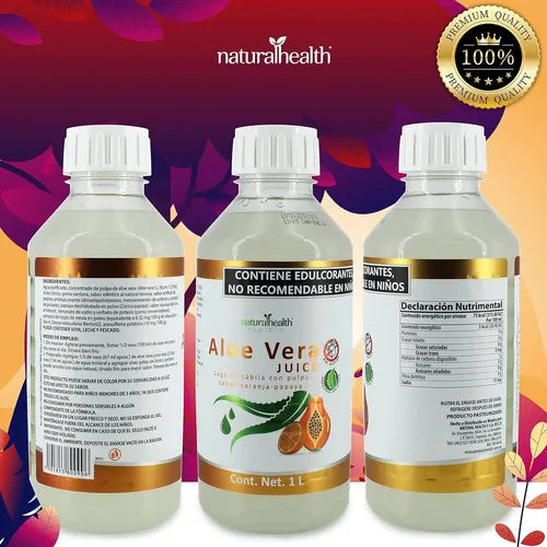 NATURAL HEALTH | Jugo de Aloe Vera con Stevia Sabor Naranja-Papaya | 1 Litro | Apoyo Digestivo y Bienestar Intestinal
