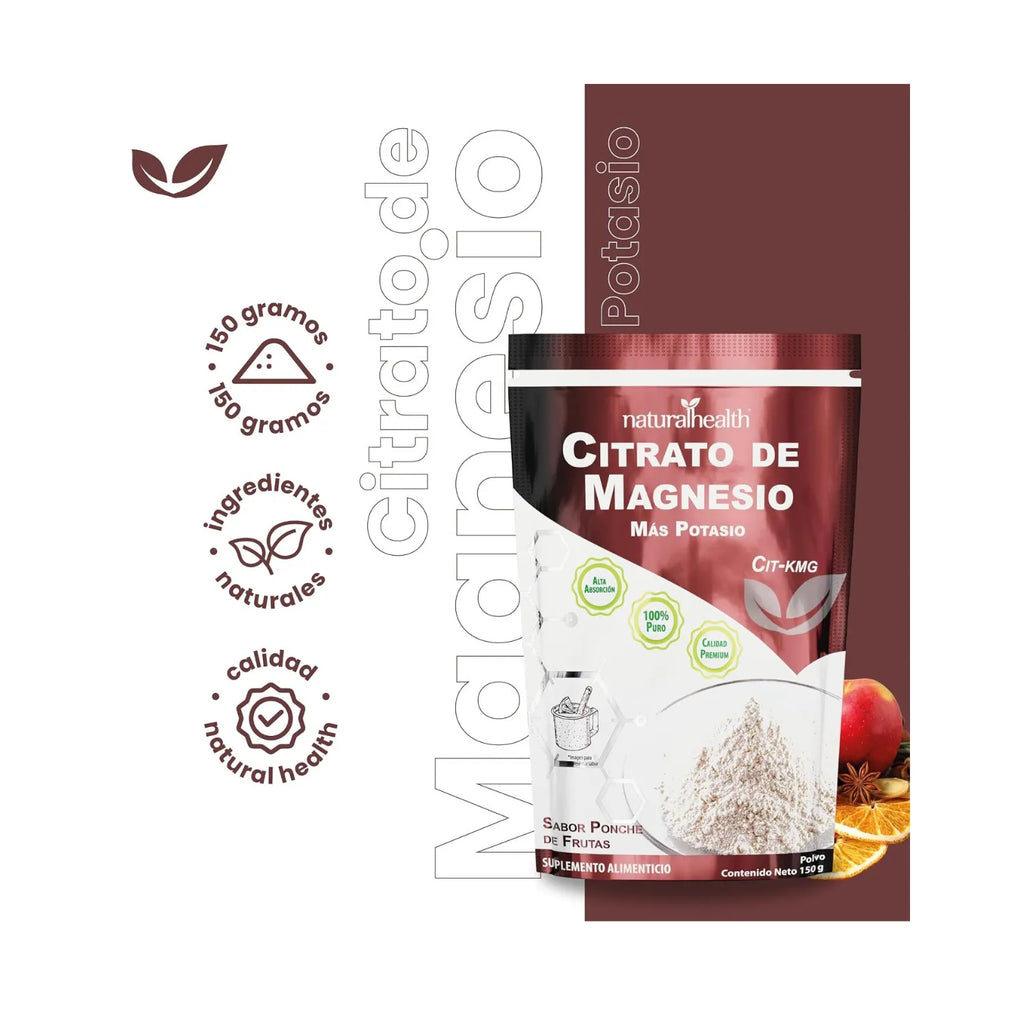 Natural Health Citrato de Magnesio + Potasio | Apoyo Muscular y Electrolítico | Ponche de Frutas | 150 g