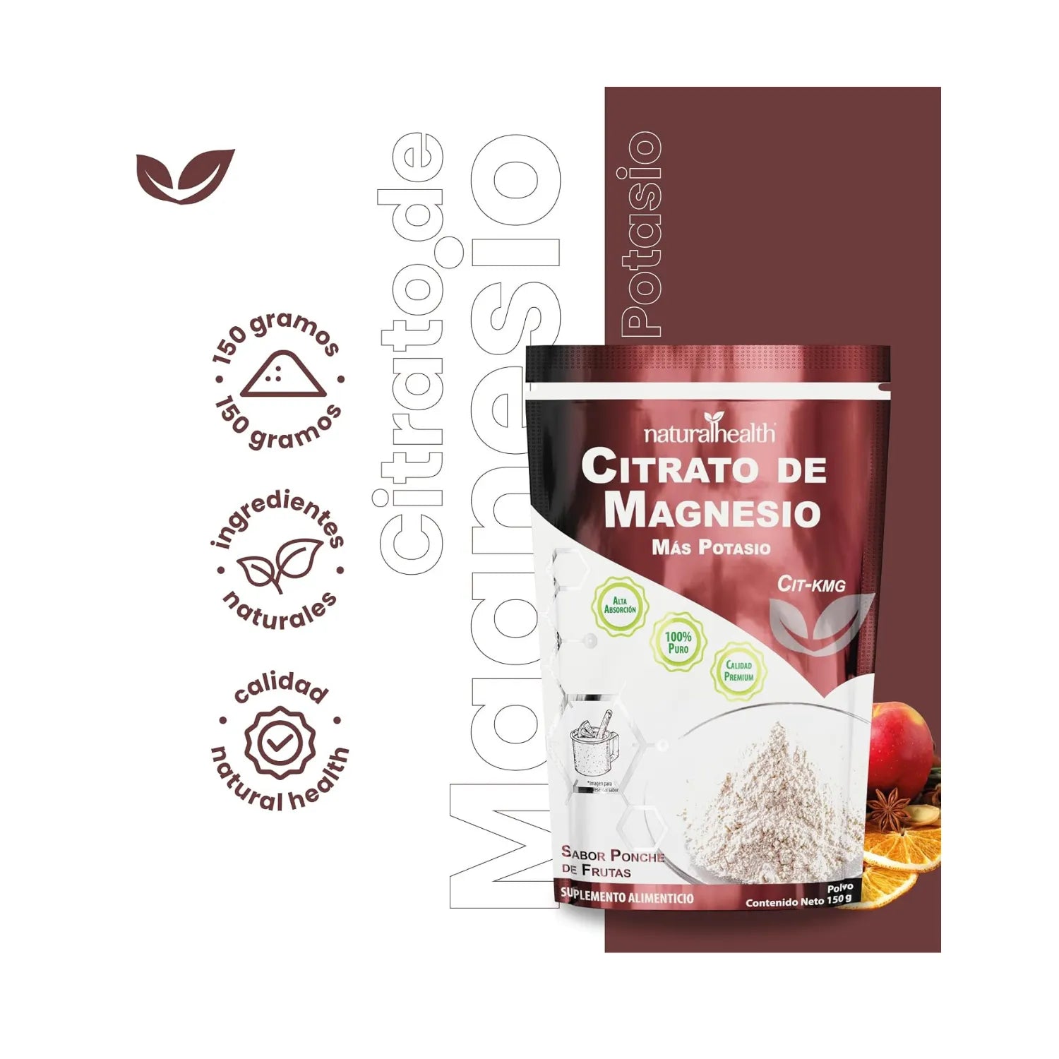 Natural Health Citrato de Magnesio + Potasio | Apoyo Muscular y Electrolítico | Ponche de Frutas | 150 g