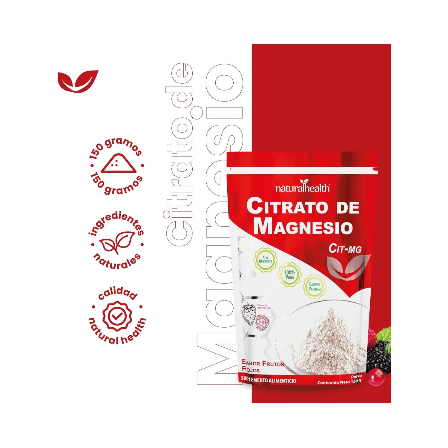 Natural Health Citrato de Magnesio | 370 mg de Magnesio Elemental | Apoyo Muscular y Nervioso | Frutos Rojos | 150 g