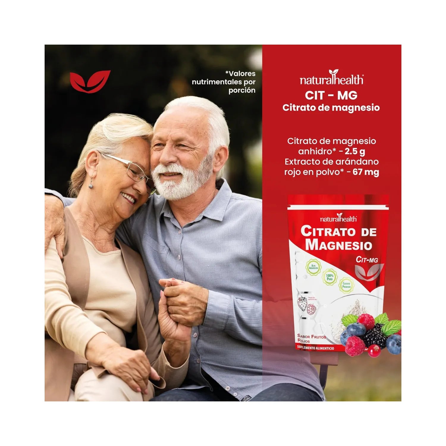 Natural Health Citrato de Magnesio | 370 mg de Magnesio Elemental | Apoyo Muscular y Nervioso | Frutos Rojos | 150 g