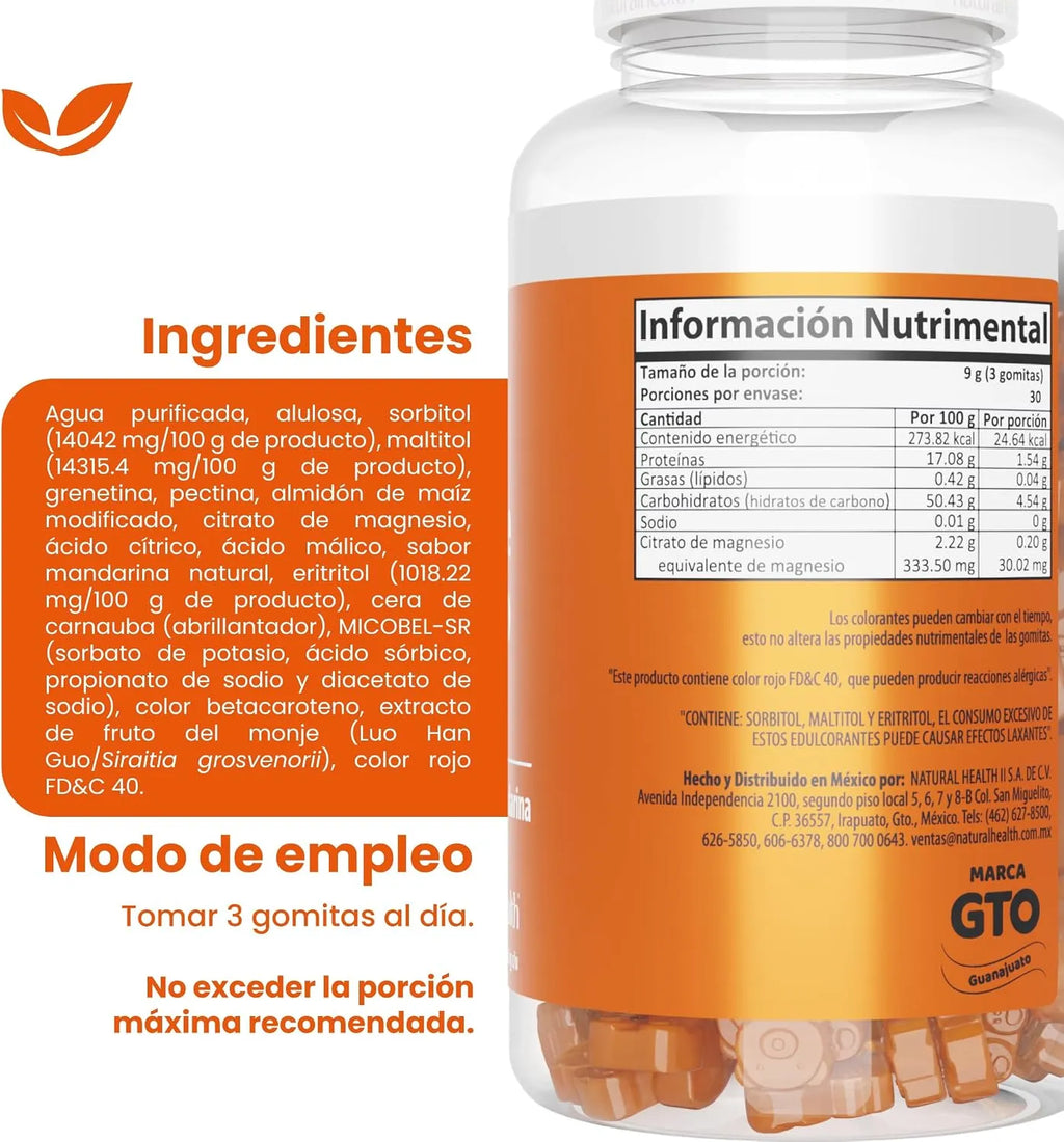 NATURAL HEALTH | Citrato de Magnesio en Gomitas Sabor Mandarina | 100 Gomitas de 3 g | Apoyo Muscular, Nervioso y Bienestar General