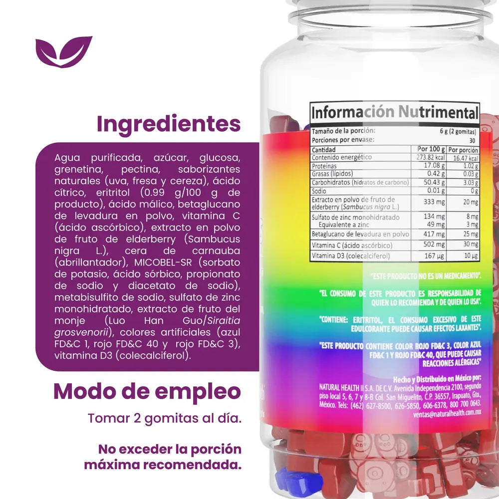 NATURAL HEALTH | Munekids Inmune Kids con Vitamina C, Zinc y Vitamina D3 | 60 Gomitas de 3 g | Sabor Fresa, Uva y Cereza | Apoyo al Sistema Inmunológico Infantil