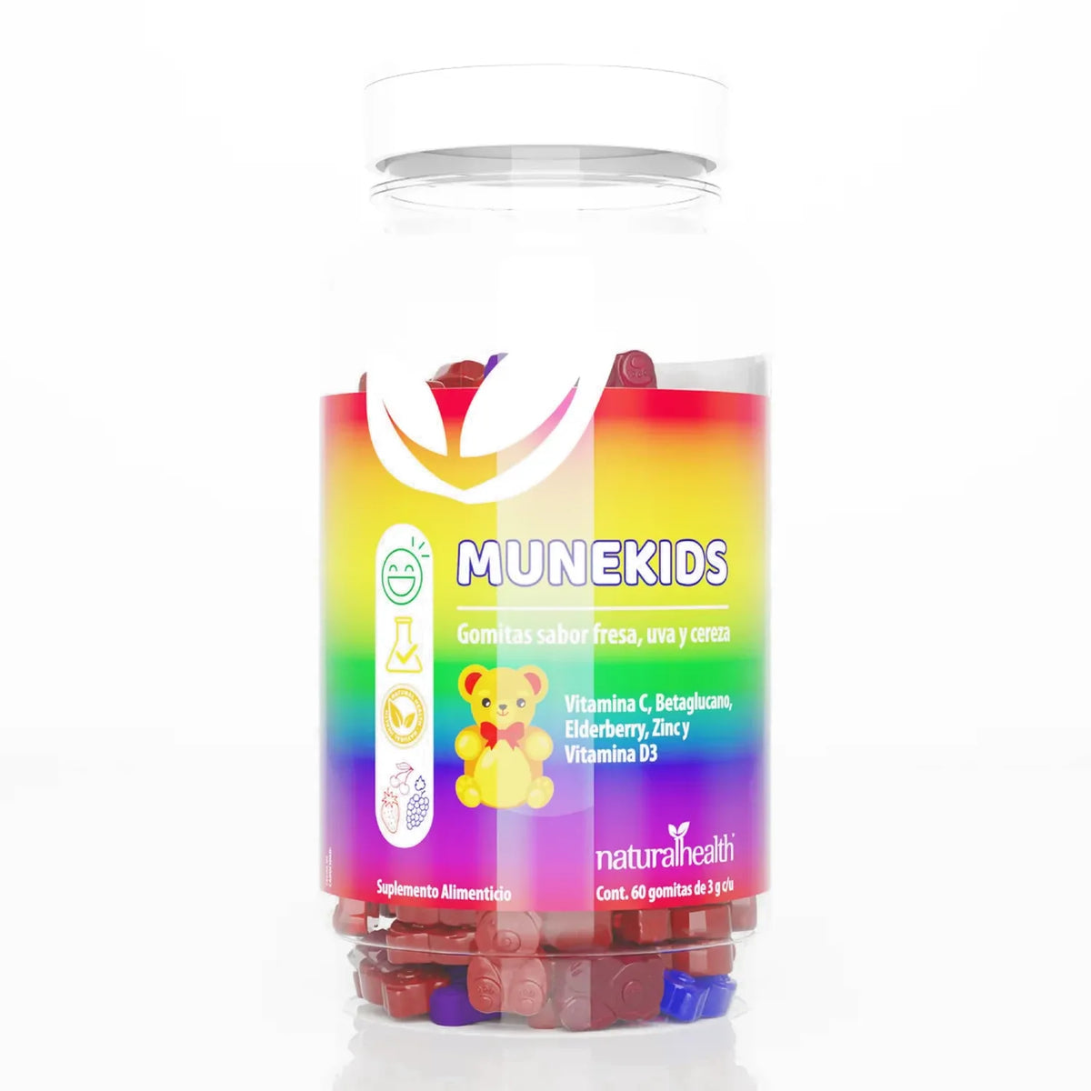 NATURAL HEALTH | Munekids Inmune Kids con Vitamina C, Zinc y Vitamina D3 | 60 Gomitas de 3 g | Sabor Fresa, Uva y Cereza | Apoyo al Sistema Inmunológico Infantil