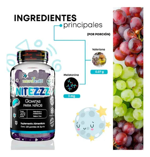 NATURAL HEALTH | Nitezzz Melatonina y Valeriana | 120 Gomitas Sabor Uva de 3 g | Apoyo al Sueño y Descanso Nocturno