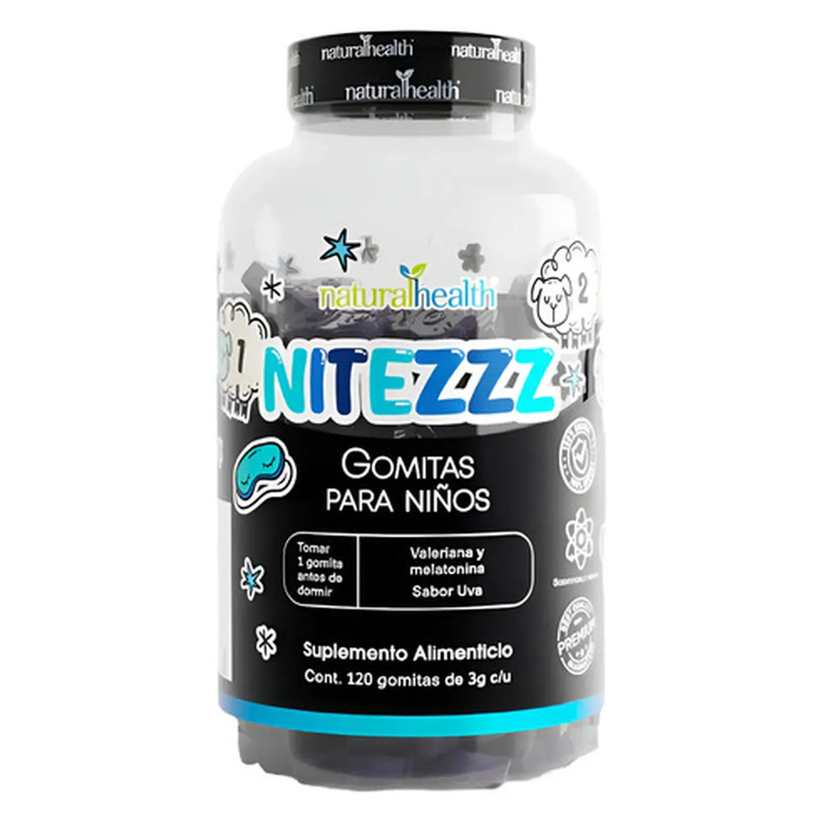 NATURAL HEALTH | Nitezzz Melatonina y Valeriana | 120 Gomitas Sabor Uva de 3 g | Apoyo al Sueño y Descanso Nocturno