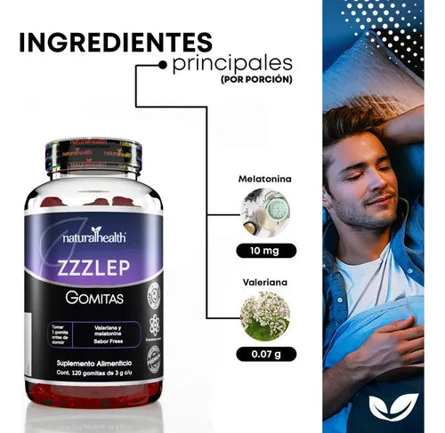 NATURAL HEALTH | ZZZLEP Gomitas de Melatonina 10 mg y Valeriana | 120 Gomitas Sabor Fresa | Apoyo al Sueño y Descanso Nocturno
