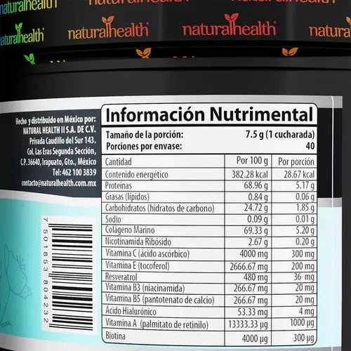 NATURAL HEALTH | Aqua Glam Colágeno Marino con Biotina y Ácido Hialurónico | 300 g | Apoyo para Piel, Cabello y Uñas