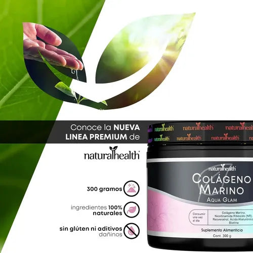 NATURAL HEALTH | Aqua Glam Colágeno Marino con Biotina y Ácido Hialurónico | 300 g | Apoyo para Piel, Cabello y Uñas
